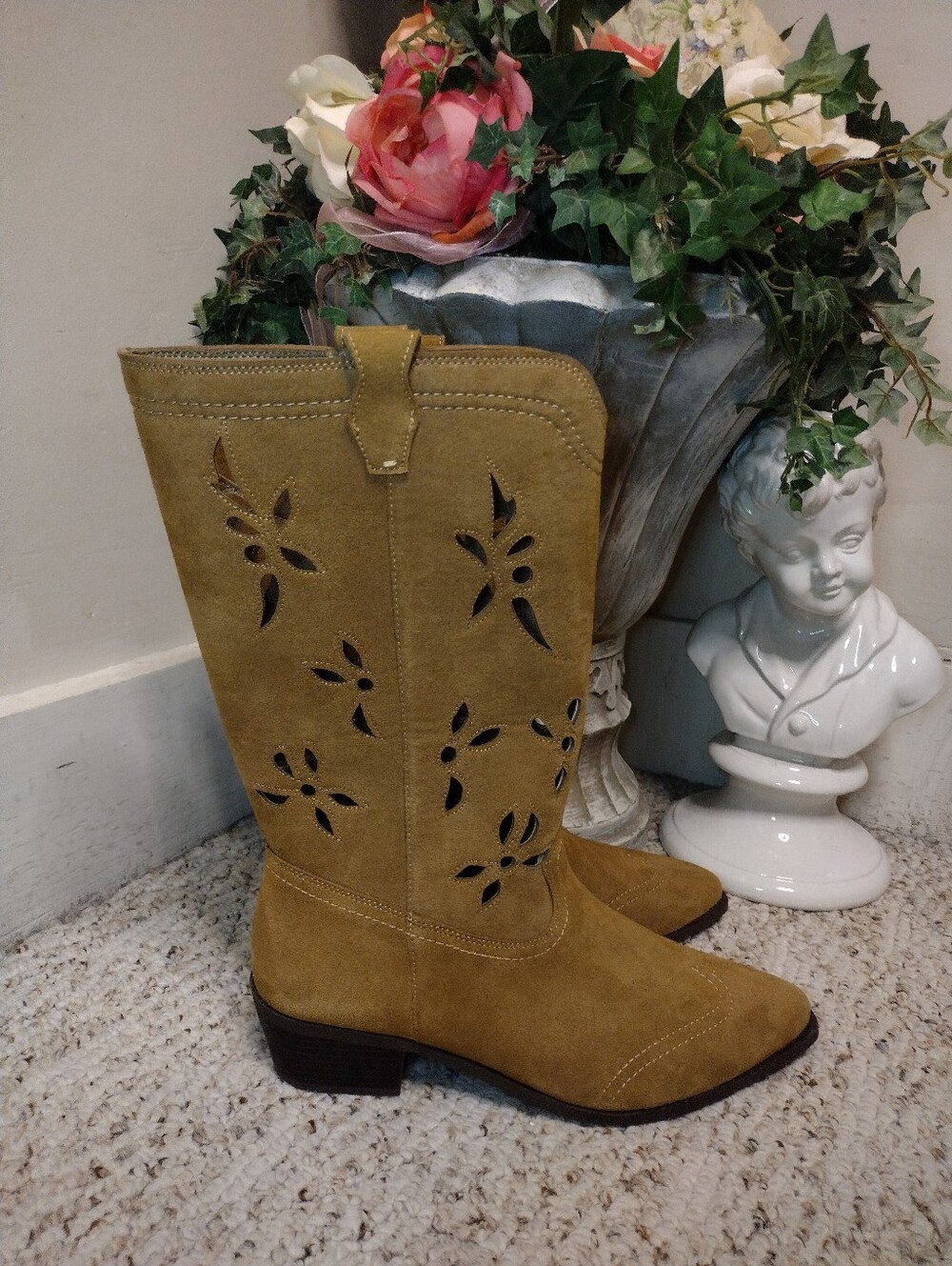 No Boundaries Women’s Tan Faux Suede Laser Cut Cowboy Boots